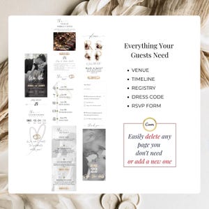 Digital wedding website invitation Canva template showing venue details, wedding day timeline, RSVP form, thank you card and easily deletable or addable pages for guests