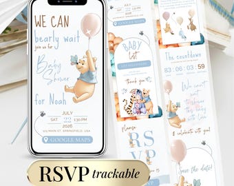Winnie the Pooh Baby Shower Digital Invitation RSVP - Winnie Bear Boy Blue Invite - We Can Bearly Wait - Editable Teddy Bear Baby Shower