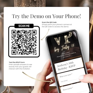Try the demo of a men’s 50th birthday digital invitation with online RSVP. Image shows QR code to scan and smartphone preview of customizable Canva website invite with RSVP form, countdown, and music option. Editable milestone birthday evite for him or her, instant download, share via SMS, WhatsApp, or email.