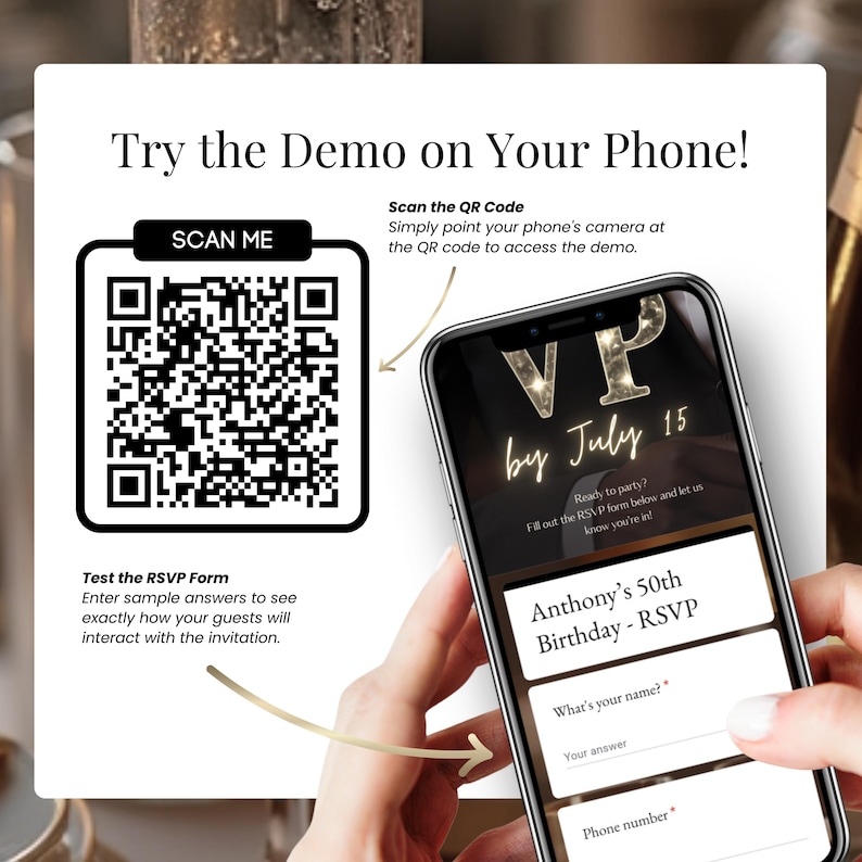 Try the demo of a men’s 50th birthday digital invitation with online RSVP. Image shows QR code to scan and smartphone preview of customizable Canva website invite with RSVP form, countdown, and music option. Editable milestone birthday evite for him or her, instant download, share via SMS, WhatsApp, or email.