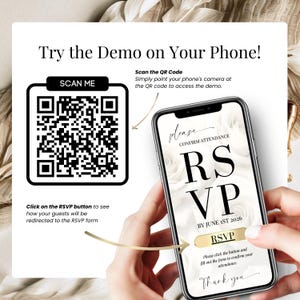 May include: A smartphone screen shows an RSVP form with the text "RSVP BY JUNE 1ST 2026". A QR code and the text "Try the Demo on Your Phone!" are also visible. The image promotes digital wedding invitations.
