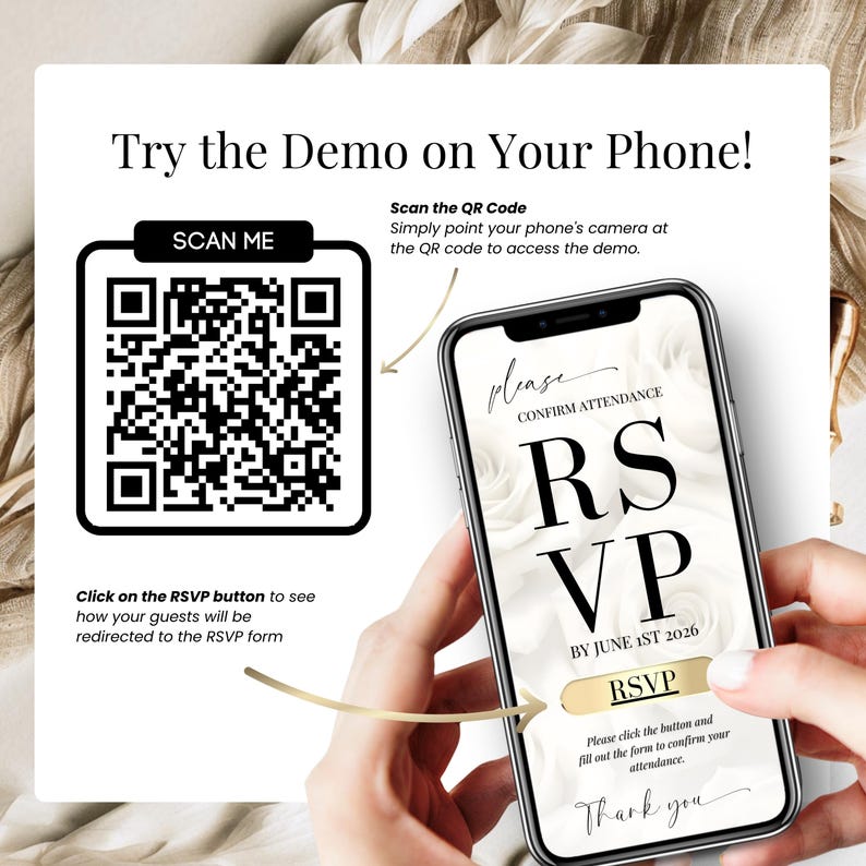 May include: A smartphone screen shows an RSVP form with the text "RSVP BY JUNE 1ST 2026". A QR code and the text "Try the Demo on Your Phone!" are also visible. The image promotes digital wedding invitations.