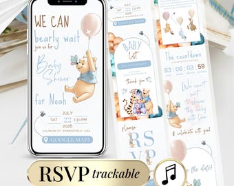 Winnie the Pooh Baby Shower Digital Invitation RSVP - Winnie Bear Boy Blue Invite - We Can Bearly Wait - Editable Teddy Bear Baby Shower
