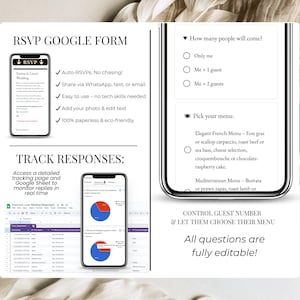 RSVP Google Form digital wedding invitation with guest tracking, editable questions, and menu selection. Couples can control guest numbers, allow meal choices, and monitor real-time RSVP responses via Google Sheets. Eco-friendly online wedding website Canva template with trackable RSVP, interactive features, and elegant black gold animated design, perfect for modern digital wedding invites.