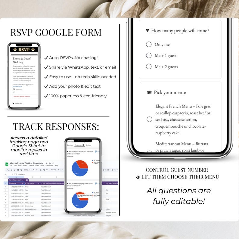 RSVP Google Form digital wedding invitation with guest tracking, editable questions, and menu selection. Couples can control guest numbers, allow meal choices, and monitor real-time RSVP responses via Google Sheets. Eco-friendly online wedding website Canva template with trackable RSVP, interactive features, and elegant black gold animated design, perfect for modern digital wedding invites.