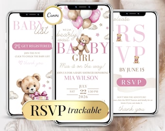 Rosa Babyparty-Einladungsvorlage für Mädchen, bearbeitbare digitale Babyparty-Einladung für Mädchen mit anklickbarer RSVP, digitale Einladung und RSVP online