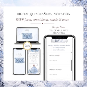 Digital Quinceañera Invitation Website with trackable RSVP form, editable Canva template for Cinderella-themed XV Años celebration, featuring online RSVP tracking, mobile-friendly design, music integration, and customizable invitation pages.