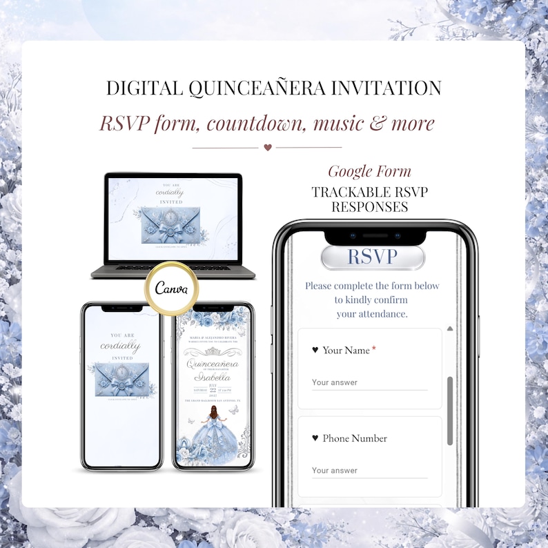 Digital Quinceañera Invitation Website with trackable RSVP form, editable Canva template for Cinderella-themed XV Años celebration, featuring online RSVP tracking, mobile-friendly design, music integration, and customizable invitation pages.