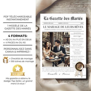 Faire-part de mariage en style journal, 4 pages personnalisables, formats A3, A4, A5 sur Canva, parfait pour invitation unique et originale, modèle Gazette des Mariés.