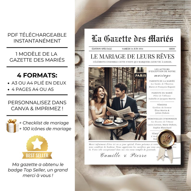 Faire-part de mariage en style journal, 4 pages personnalisables, formats A3, A4, A5 sur Canva, parfait pour invitation unique et originale, modèle Gazette des Mariés.