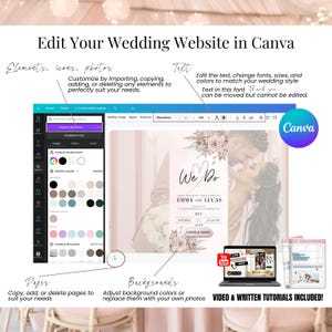 Edit your wedding website in Canva – blush pink animated invitation template with RSVP, music, countdown and links. Easy-to-use Canva editor preview.