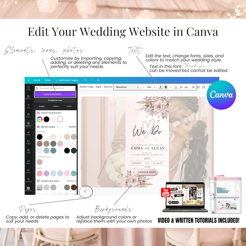 Edit your wedding website in Canva – blush pink animated invitation template with RSVP, music, countdown and links. Easy-to-use Canva editor preview.