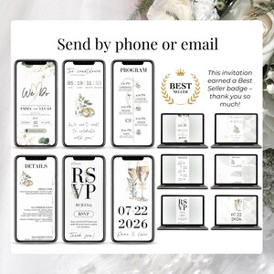Send wedding invitations by phone or email – Sage Green Wedding Invitation Suite with RSVP, program, countdown, and event details. Editable Canva templates viewable on mobile and desktop. Includes RSVP form and Save the Date. Best Seller badge included. Perfect for modern, digital, and minimalist weddings with customizable design for couples planning online.