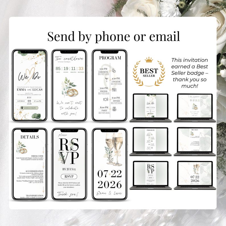 Send wedding invitations by phone or email – Sage Green Wedding Invitation Suite with RSVP, program, countdown, and event details. Editable Canva templates viewable on mobile and desktop. Includes RSVP form and Save the Date. Best Seller badge included. Perfect for modern, digital, and minimalist weddings with customizable design for couples planning online.