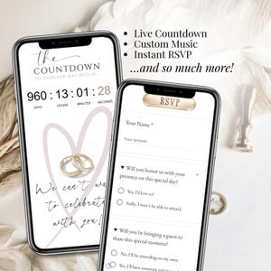 Wedding website invitation phone mockup showing live countdown timer, custom music player, and RSVP form with attendance and guest count questions, fully editable in Canva