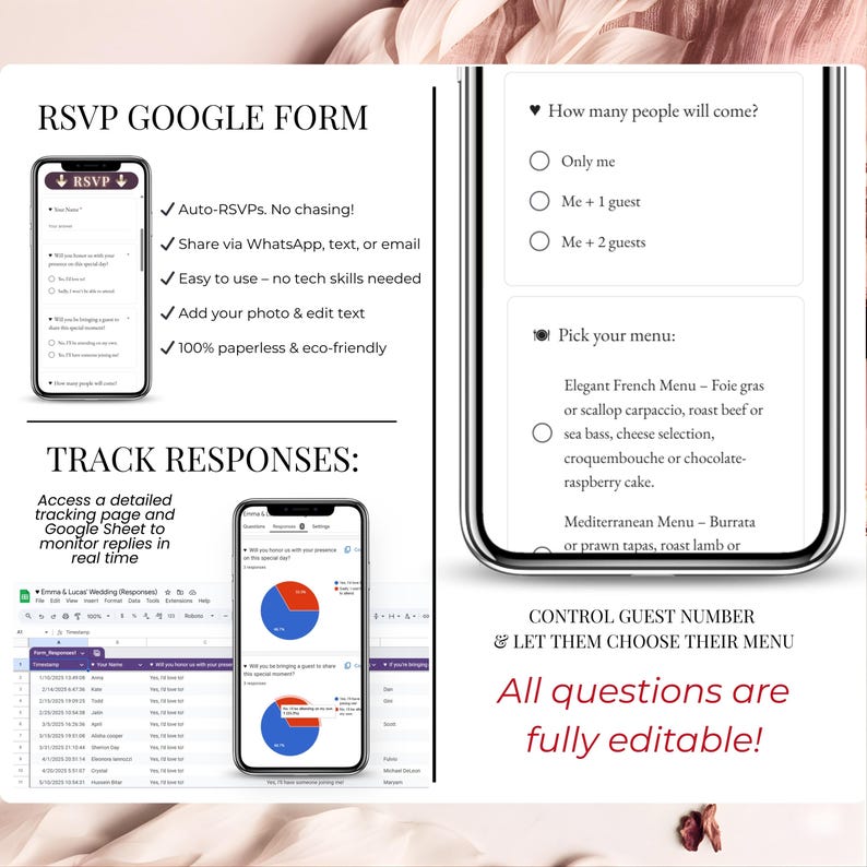 RSVP Google Form tracking responses, customizable online form for wedding guests, digital invitation with analytics dashboard, editable Canva wedding website with RSVP.