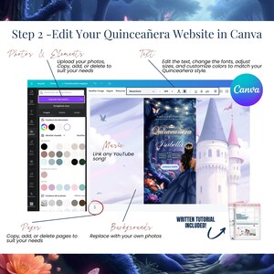 Quinceañera invitation website demo with mobile countdown, navy blue gown, enchanted background and QR code for preview. Canva editable template.