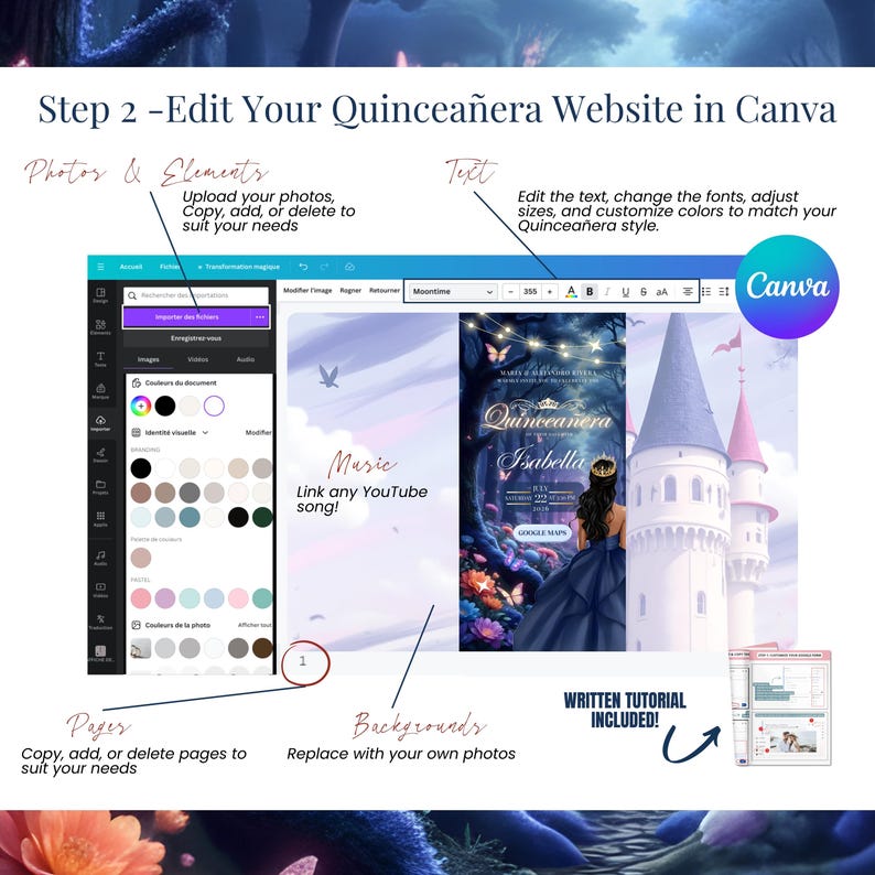 Quinceañera invitation website demo with mobile countdown, navy blue gown, enchanted background and QR code for preview. Canva editable template.