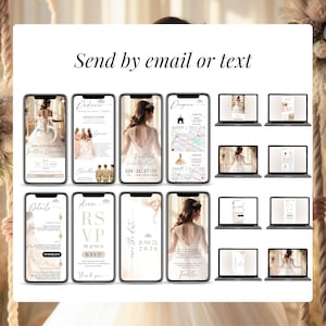 Full digital Quinceañera invitation suite with RSVP, program, details, save the date, and countdown timer. Editable Canva template in champagne and gold, mobile and desktop formats. Send via email, text, or WhatsApp. Perfect for Sweet 15 or Sweet 16. Includes RSVP form, Google Maps integration, and wedding-style layout.