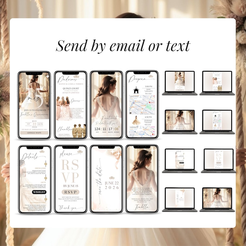 Full digital Quinceañera invitation suite with RSVP, program, details, save the date, and countdown timer. Editable Canva template in champagne and gold, mobile and desktop formats. Send via email, text, or WhatsApp. Perfect for Sweet 15 or Sweet 16. Includes RSVP form, Google Maps integration, and wedding-style layout.