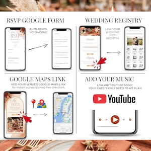 Interactive wedding RSVP website Canva template with Google Form RSVP, wedding registry link, Google Maps venue link, custom YouTube music, burnt orange wedding invitation, terracotta wedding invitation, fall autumn digital wedding invite