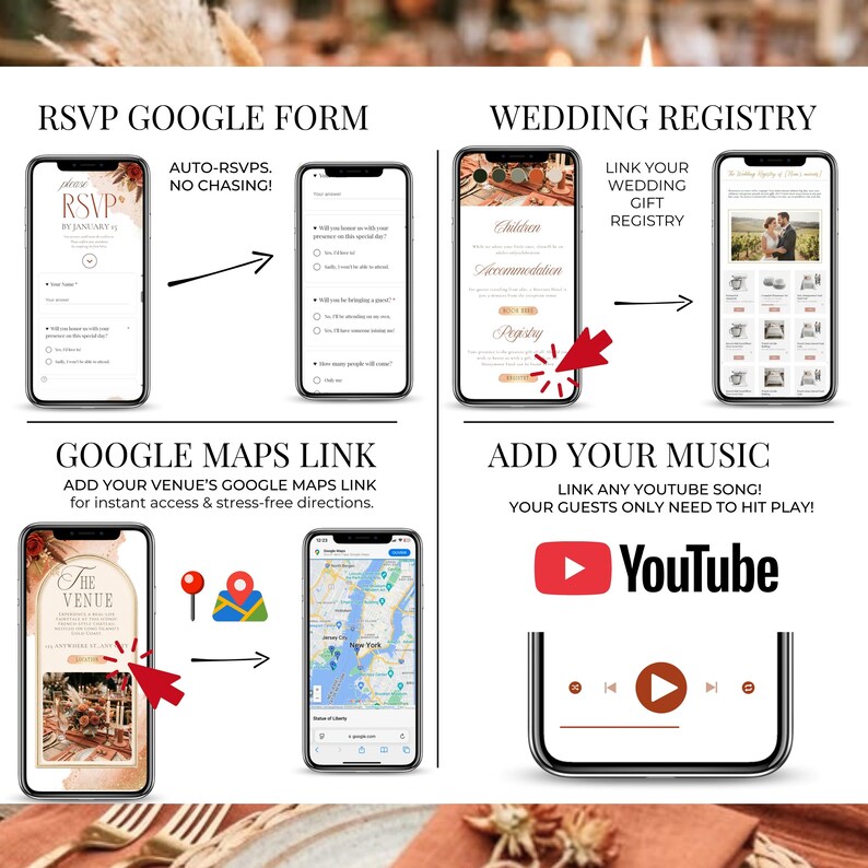 Interactive wedding RSVP website Canva template with Google Form RSVP, wedding registry link, Google Maps venue link, custom YouTube music, burnt orange wedding invitation, terracotta wedding invitation, fall autumn digital wedding invite