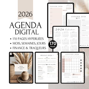 Planner numérique hyperlié avec 170 pages datées (mois, semaines, jours). Inclus : 2 pages par semaine, page journalière duplicable, trackers finances & bien-être, planificateur de repas, objectifs, to-do lists. Compatible iPad, tablette, GoodNotes, Notability, PDF. Organisez 2026 avec style et efficacité !