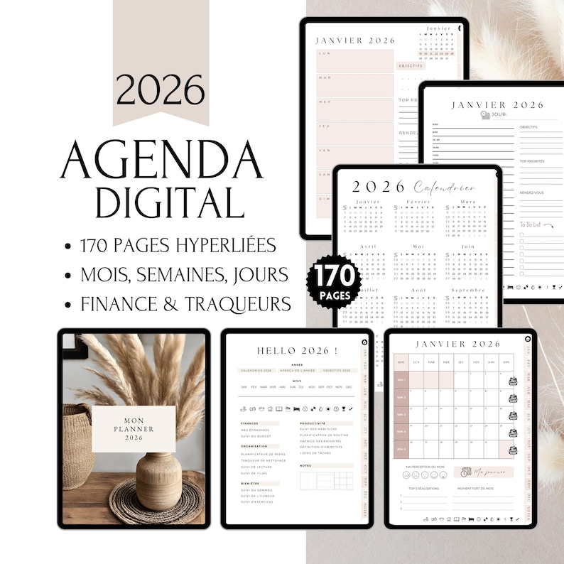 Planner numérique hyperlié avec 170 pages datées (mois, semaines, jours). Inclus : 2 pages par semaine, page journalière duplicable, trackers finances & bien-être, planificateur de repas, objectifs, to-do lists. Compatible iPad, tablette, GoodNotes, Notability, PDF. Organisez 2026 avec style et efficacité !