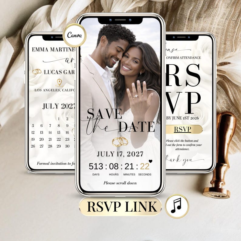 Wedding calendar save the date digital invitation with RSVP link, animated Canva wedding website template, elegant minimalist wedding invite with music and countdown timer, editable online wedding invitation for modern couples
