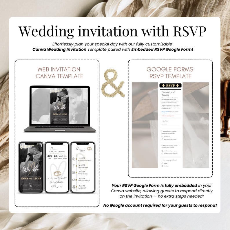 Digital Wedding Invitation with RSVP and Google Form – Editable Canva Web Invite Template displayed on laptop and phones, paired with embedded RSVP form, countdown timer and modern layout for online wedding website – No Google account needed – Customizable template by Templates4Branding