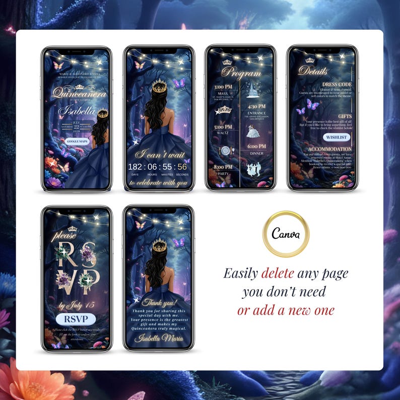 Multiple mobile invitation layouts shown, fully editable and customizable. Enchanted forest blue and gold Quinceañera style with RSVP button.