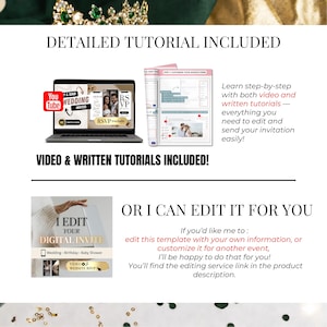 May include: An advertisement for digital invitations, featuring a laptop displaying a wedding invitation template and a tablet with editing instructions. Text includes "Detailed Tutorial Included" and "Video & Written Tutorials Included!"