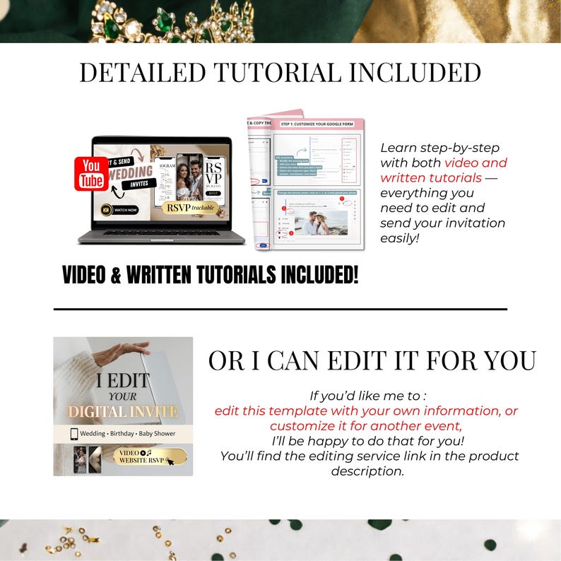 May include: An advertisement for digital invitations, featuring a laptop displaying a wedding invitation template and a tablet with editing instructions. Text includes "Detailed Tutorial Included" and "Video & Written Tutorials Included!"