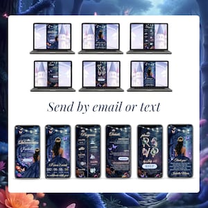 Send Quinceañera or Sweet 16 digital invitation by email or text. Multiple mobile layouts displayed in navy blue and gold fairy-tale theme.