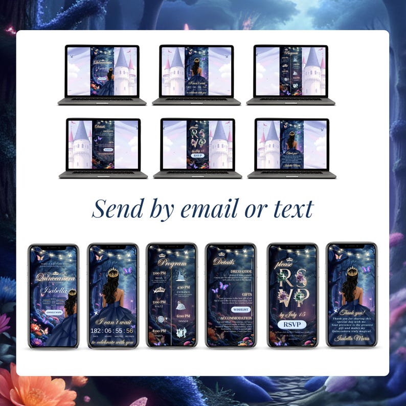 Send Quinceañera or Sweet 16 digital invitation by email or text. Multiple mobile layouts displayed in navy blue and gold fairy-tale theme.