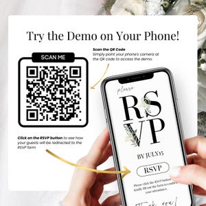 Try the wedding invitation demo on your phone – Scan the QR code to preview the RSVP experience. Includes RSVP form button, mobile-friendly design, and real-time preview of the digital wedding invitation. Perfect for modern couples using an editable Canva template. Easily test how guests will access and confirm their RSVP online.