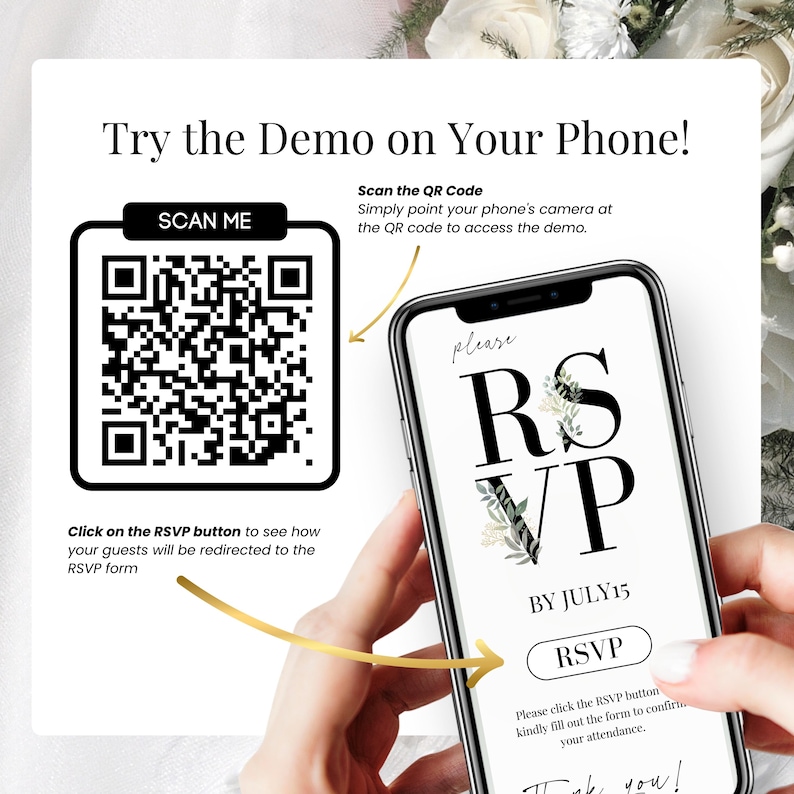 Try the wedding invitation demo on your phone – Scan the QR code to preview the RSVP experience. Includes RSVP form button, mobile-friendly design, and real-time preview of the digital wedding invitation. Perfect for modern couples using an editable Canva template. Easily test how guests will access and confirm their RSVP online.