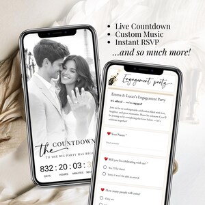 Engagement invitation with RSVP Google Form preview, live countdown timer, custom music integration, modern wedding invitation template editable in Canva, mobile-friendly design