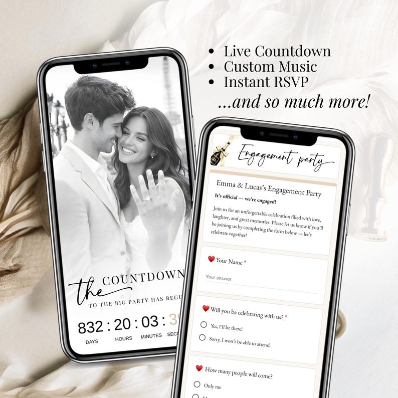 Engagement invitation with RSVP Google Form preview, live countdown timer, custom music integration, modern wedding invitation template editable in Canva, mobile-friendly design