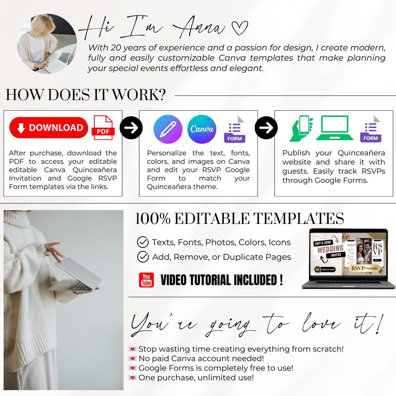 Meet the Designer – Anna's Sage Green Quinceañera Invitation Template with Online RSVP – 100% Editable in Canva