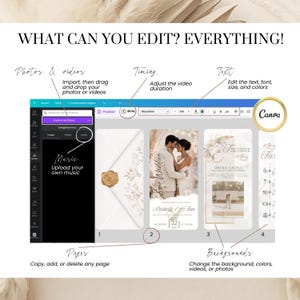 Fully editable Wedding Video Invitation Canva Template. Customize photos, videos, text, fonts, colors, timing, backgrounds, and music. Animated wedding invitation video with elegant ivory and champagne gold design.