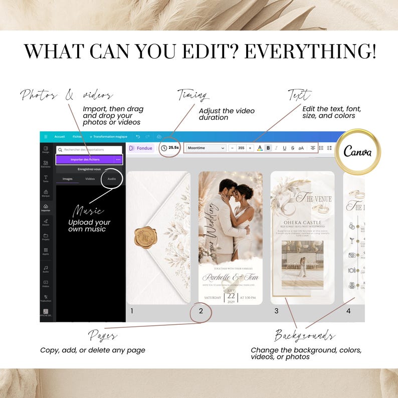 Fully editable Wedding Video Invitation Canva Template. Customize photos, videos, text, fonts, colors, timing, backgrounds, and music. Animated wedding invitation video with elegant ivory and champagne gold design.