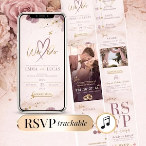 Könnte beinhalten: Eine digitale Hochzeitseinladung auf einem Smartphone. Das Design zeigt den Text "We Do" in goldener Schrift, die Namen Emma und Lucas und das Hochzeitsdatum. Die Einladung enthält auch eine RSVP-Schaltfläche und ein Musiknoten-Symbol.
