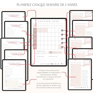 Agenda Digital 2026 Français – Organisation hebdomadaire. Chaque mois inclut 2 pages dédiées à chaque semaine, reliées directement au calendrier mensuel. Planifiez vos tâches, objectifs, rendez-vous et to-do list de manière claire et structurée. Compatible iPad, tablette, GoodNotes, Notability, PDF. Un planner numérique complet pour organiser vos semaines en 2026 avec efficacité et style.