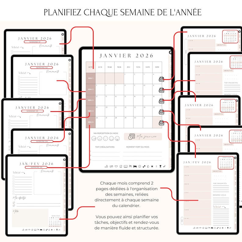 Agenda Digital 2026 Français – Organisation hebdomadaire. Chaque mois inclut 2 pages dédiées à chaque semaine, reliées directement au calendrier mensuel. Planifiez vos tâches, objectifs, rendez-vous et to-do list de manière claire et structurée. Compatible iPad, tablette, GoodNotes, Notability, PDF. Un planner numérique complet pour organiser vos semaines en 2026 avec efficacité et style.
