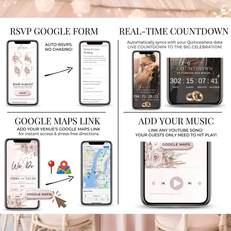 Blush pink digital wedding invitation – includes Google Form RSVP, real-time countdown, Google Maps link, and music option. Editable animated Canva template.