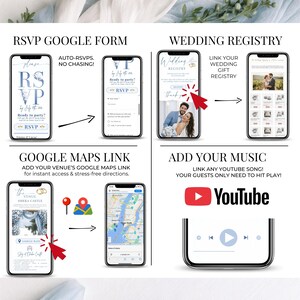 Wedding RSVP Google Form integration, wedding registry and Google Maps link, add music from YouTube to your wedding invitation website, fully editable Canva digital wedding invitation with RSVP tracking