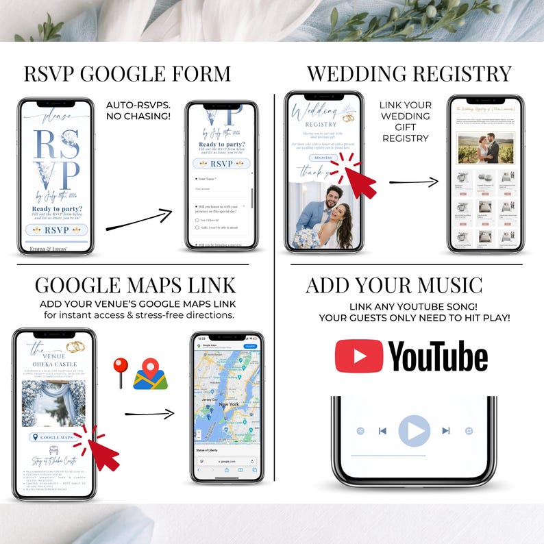 Wedding RSVP Google Form integration, wedding registry and Google Maps link, add music from YouTube to your wedding invitation website, fully editable Canva digital wedding invitation with RSVP tracking