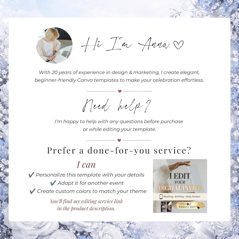 Meet the designer behind this Cinderella Quinceañera invitation template. Professional Canva website invitation with customization services, color matching, event adaptation, RSVP integration, and personalized editing support.
