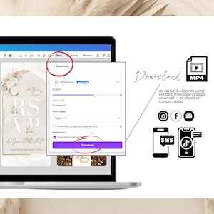 Download your Wedding Video Invitation as an MP4 file and share instantly via SMS, WhatsApp, email, Facebook, Instagram, or TikTok. Editable Canva wedding invitation template with music and animation.